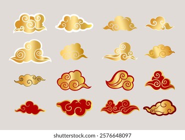 Gold brush stroke texture with japanese chinese cloud pattern in vintage style vector icon sign and symbol.