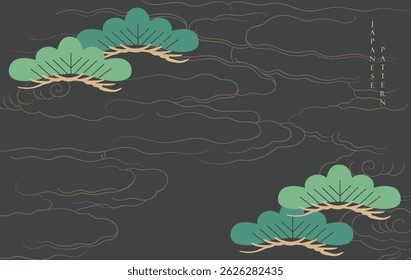 Gold brush stroke texture with Japanese chinses cloud and bonsai tree pattern in vintage style. Abstract art landscape banner design