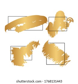 Gold brush strokes with frame for text. Dirty decoration elements with picture frame. Golden rose splatter set. Vector set
