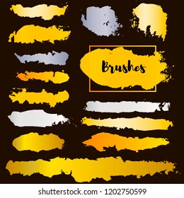  gold brush strokes set backgrounds. golden and silver spots grunge collection. Set of black grungy hand painted brush strokes isolated on white. Abstract ink texture, design elements.