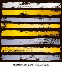 gold brush strokes set backgrounds. golden and silver spots grunge collection. Set of black grungy hand painted brush strokes isolated on white. Abstract ink texture, design elements.