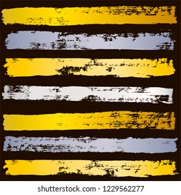 gold brush strokes set backgrounds. golden and silver spots grunge collection. Set of black grungy hand painted brush strokes isolated on white. Abstract ink texture, design elements.