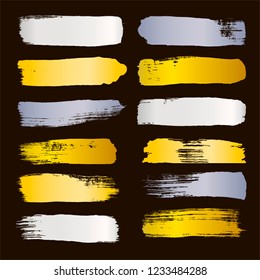gold brush strokes set backgrounds. golden and silver spots grunge collection. Set of black grungy hand painted brush strokes isolated on white. Abstract ink texture, design elements.