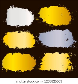 gold brush strokes set backgrounds. golden and silver spots grunge collection. Set of black grungy hand painted brush strokes isolated on white. Abstract ink texture, design elements.