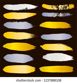 gold brush strokes set backgrounds. golden and silver spots grunge collection. Set of black grungy hand painted brush strokes isolated on white. Abstract ink texture, design elements.