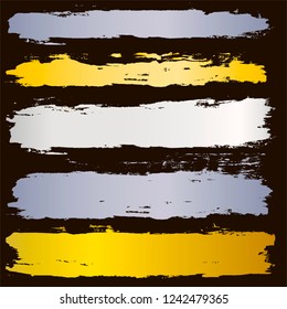 gold brush strokes set backgrounds. golden and silver spots grunge collection. Set of black grungy hand painted brush strokes isolated on white. Abstract ink texture, design elements.