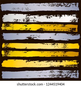 gold brush strokes set backgrounds. golden and silver spots grunge collection. Set of black grungy hand painted brush strokes isolated on white. Abstract ink texture, design elements.