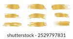 Gold brush strokes. Shiny paint spots. Bright festive highlight. Foil stripe. Vector illustration of metallic brush stroke.