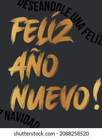 Gold Brush Style Spanish New Year Greeting Card With "Happy New Year" and "Wishing You A Merry Christmas" Messages