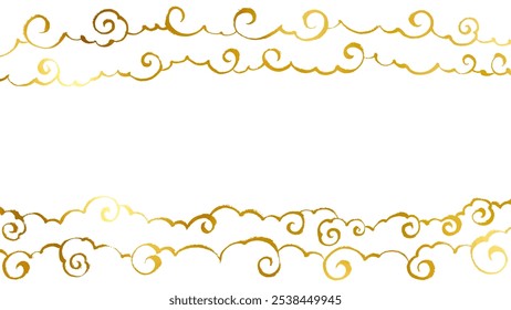 Goldener Pinselstrich-Hintergrundrahmen mit spiralförmigen Wolken im japanischen und chinesischen Stil
