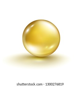 Gold bubble isolated on white background. Cosmetic pill capsule of vitamin E, A or argan oil. Golden glass ball template. Vector realistic gold serum droplet of drug or collagen essence.