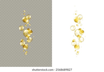 Gold bubbles isolated on transparent and white background. Cosmetic vitamin capsule balls or oil pills. Vector golden 3d serum collagen essence