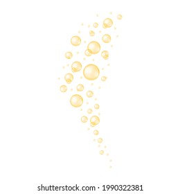 Gold bubbles stream. Fizzy carbonated drink texture. Glossy balls of collagen, serum, jojoba cosmetic oil, vitamin A or E, omega fatty acids. Vector realistic illustration.