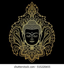 Gold Buddha head with floral decoration. Sign for tattoo, textile print, mascots and amulets on black background.