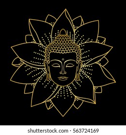 Gold Buddha Head and Lotus isolated on black background. Sign for tattoo, textile print, mascots and amulets.