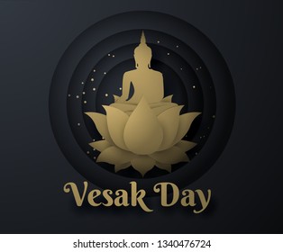 Gold Buddha On Lotus Happy Vesak Day Background.