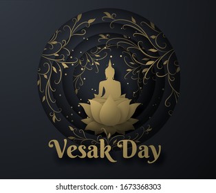 gold buddha on lotus and ivy flower Happy vesak day background.