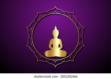 Gold Buddha silhouette in lotus position, Sacred lotus round logo template. Buddhism esoteric motifs, spiritual yoga. Golden Mandala Vector isolated on purple background 