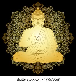 Gold Buddha sitting in lotus position on floral round background. Sign for textile print, mascots and amulets.