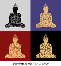 Gold Buddha Statue Silhouettes Decorated with Lotus Flower Line Art on Four Background. Flat Vector Illustration.
