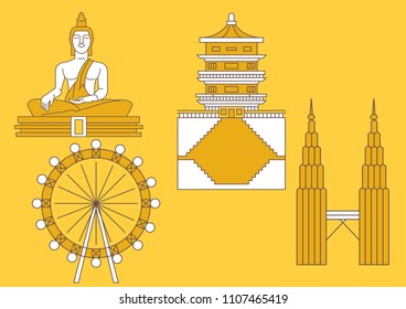 Gold Buddha Thailand, London eye,
Petronas Twin Towers, Potala Palace Tibet 