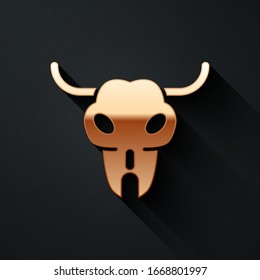 Gold Buffalo skull icon isolated on black background. Long shadow style. Vector Illustration