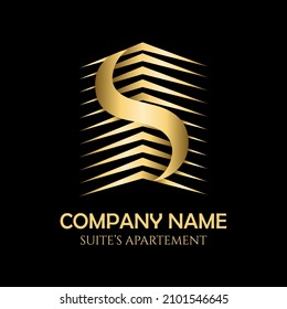 Edificio de oro con letra inicial S, Golden Real Estate Apartamento con lujoso diseño de logo elegante de lujo de S
