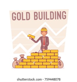 Gold building. Young happy businessman laying golden brick wall, profit growth from increased sales to customers, financially sure and great company result. Vector line art business illustration