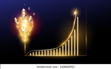 Gold Bulb ideas with gold graph growing up vector. Use ideas for adding value concept.
