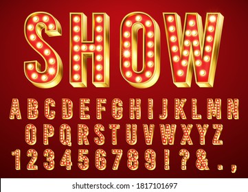 Gold bulb light font. Glowing retro alphabet letter, numbers and marks collection with shiny bright lights. ABC design on dark red background for cinema, broadway and night club vector illustration