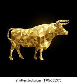 Gold bull, glitter of gold, bright highlights. The bull is made up of triangles.