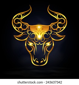 Gold bull head symbol with dark background. vector