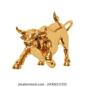 Gold Bull realistischer 3D-Cartoon-Stil. Goldener metallischer Stier isoliert auf weißem Hintergrund. Vektorgrafik