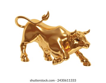 Gold Bull realistischer 3D-Cartoon-Stil. Goldener metallischer Stier isoliert auf weißem Hintergrund. Vektorgrafik