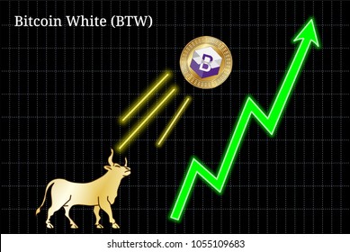 Gold bull, throwing up Bitcoin White (BTW) cryptocurrency golden coin up the trend. Bullish Bitcoin White (BTW) chart