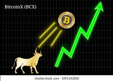 Gold bull, throwing up BitcoinX (BCX) cryptocurrency golden coin up the trend. Bullish BitcoinX (BCX) chart