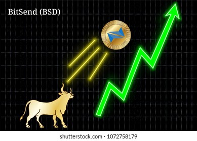 Gold bull, throwing up BitSend (BSD) cryptocurrency golden coin up the trend. Bullish BitSend (BSD) chart