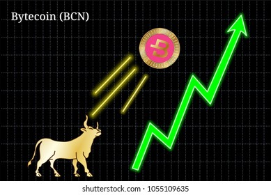 Gold bull, throwing up Bytecoin (BCN) cryptocurrency golden coin up the trend. Bullish Bytecoin (BCN) chart svg