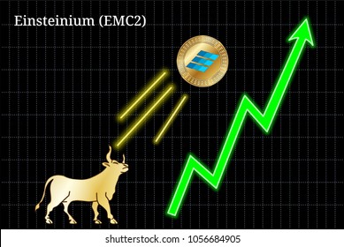 Gold bull, throwing up Einsteinium (EMC2) cryptocurrency golden coin up the trend. Bullish Einsteinium (EMC2) chart
