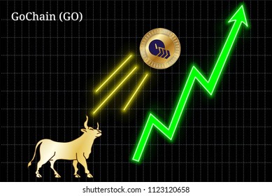 Gold bull, throwing up GoChain (GO) cryptocurrency golden coin up the trend. Bullish GoChain (GO) chart