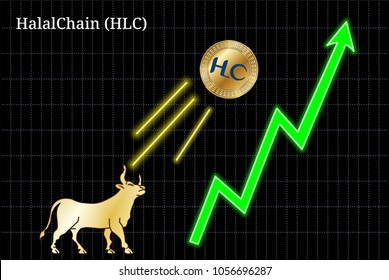 Gold bull, throwing up HalalChain (HLC) cryptocurrency golden coin up the trend. Bullish HalalChain (HLC) chart
