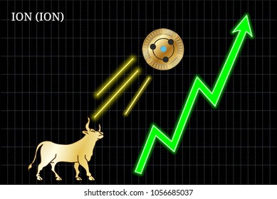 Gold bull, throwing up ION (ION) cryptocurrency golden coin up the trend. Bullish ION (ION) chart