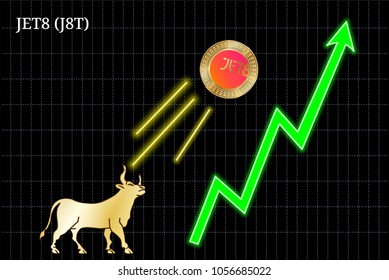 Gold bull, throwing up JET8 (J8T) cryptocurrency golden coin up the trend. Bullish JET8 (J8T) chart