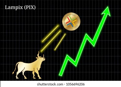 Gold bull, throwing up Lampix (PIX) cryptocurrency golden coin up the trend. Bullish Lampix (PIX) chart
