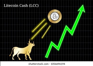 Gold bull, throwing up Litecoin Cash (LCC) cryptocurrency golden coin up the trend. Bullish Litecoin Cash (LCC) chart