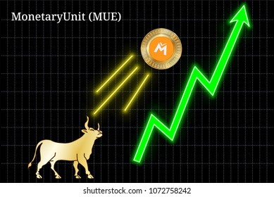 Gold bull, throwing up MonetaryUnit (MUE) cryptocurrency golden coin up the trend. Bullish MonetaryUnit (MUE) chart