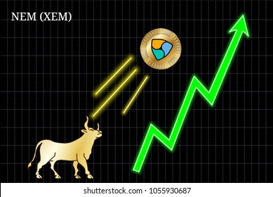 Gold bull, throwing up NEM (XEM) cryptocurrency golden coin up the trend. Bullish NEM (XEM) chart