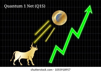 Gold bull, throwing up Quantum 1 Net (Q1S) cryptocurrency golden coin up the trend. Bullish Quantum 1 Net (Q1S) chart