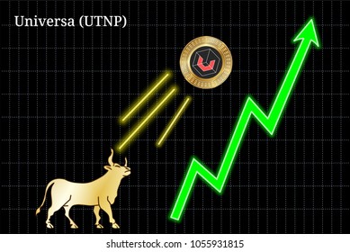 Gold bull, throwing up Universa (UTNP) cryptocurrency golden coin up the trend. Bullish Universa (UTNP) chart