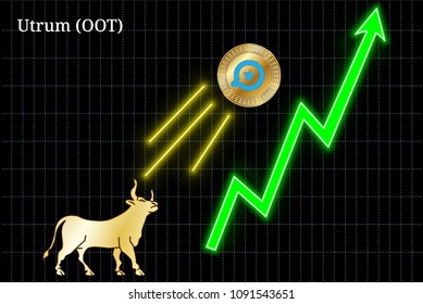 Gold bull, throwing up Utrum (OOT) cryptocurrency golden coin up the trend. Bullish Utrum (OOT) chart